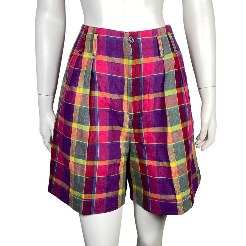 Vintage The Limited High Waisted Plaid Shorts Size 10 Pleated Front Colorful